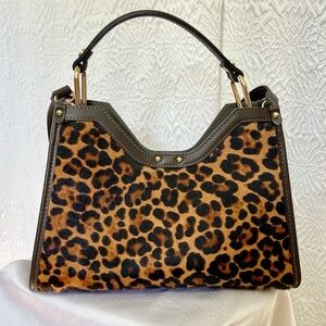 Leopard Print Top-Handle Shoulder Bag in Brown/Black